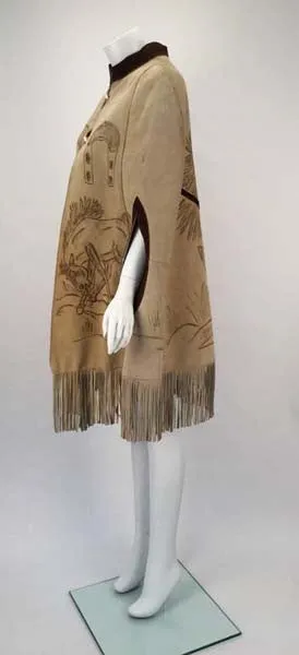 1970s Hand Drawn Suede Mexican Poncho