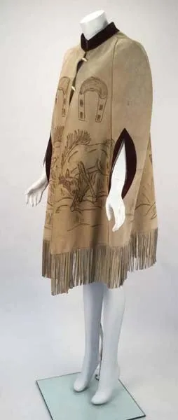 1970s Hand Drawn Suede Mexican Poncho
