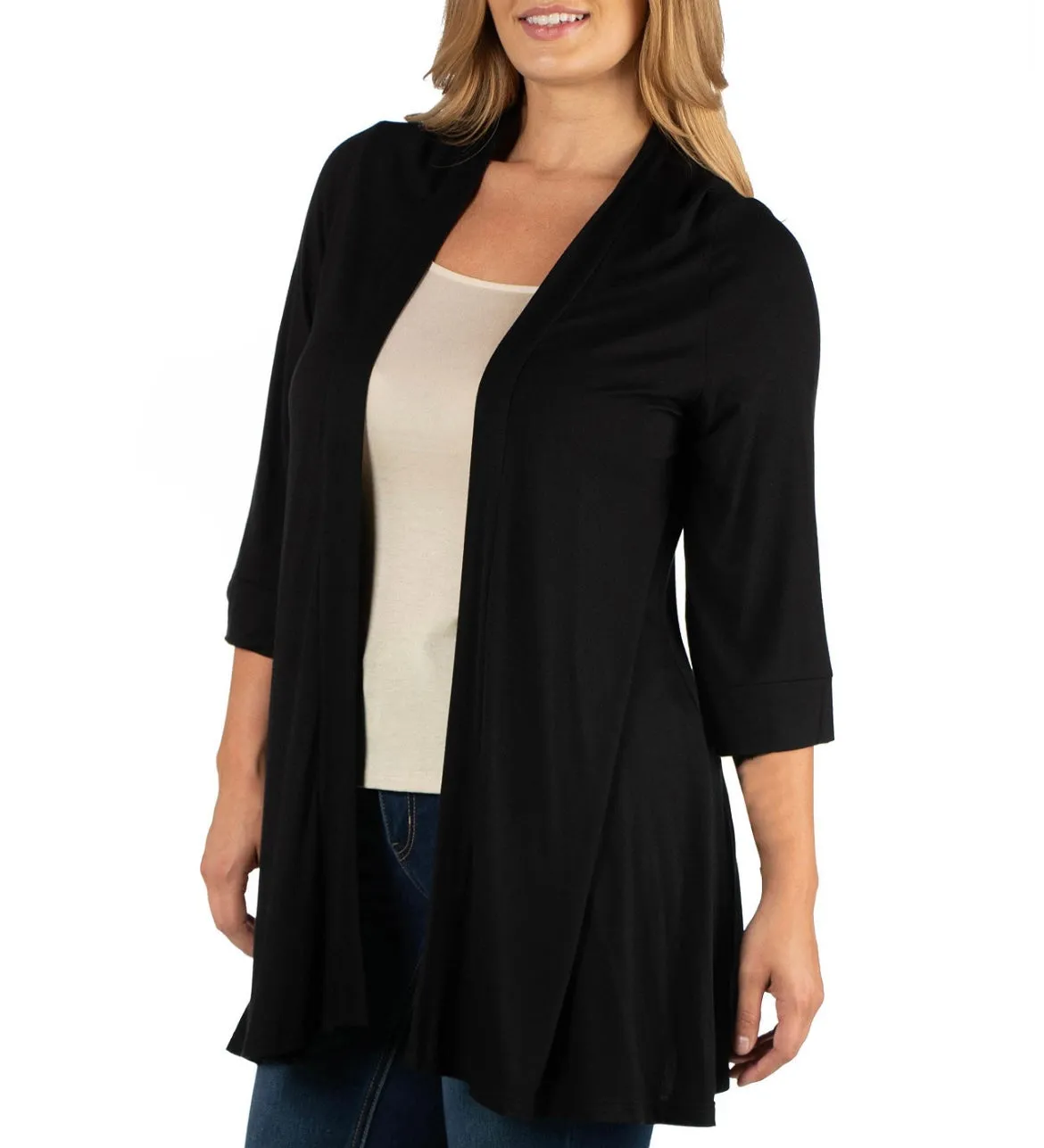24Seven Comfort Apparel Women's Open Front Elbow Length Sleeve Cardigan Black