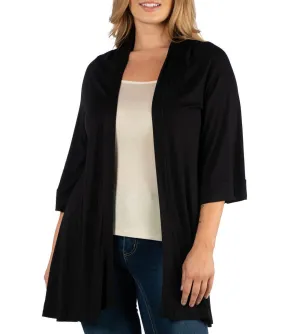 24Seven Comfort Apparel Women's Open Front Elbow Length Sleeve Cardigan Black