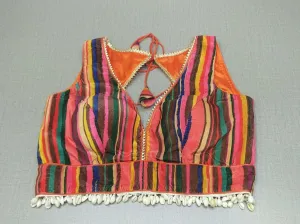 50X884-RO Multicolour Silk Designer Saree Blouse with Dori Ties and Jhallar
