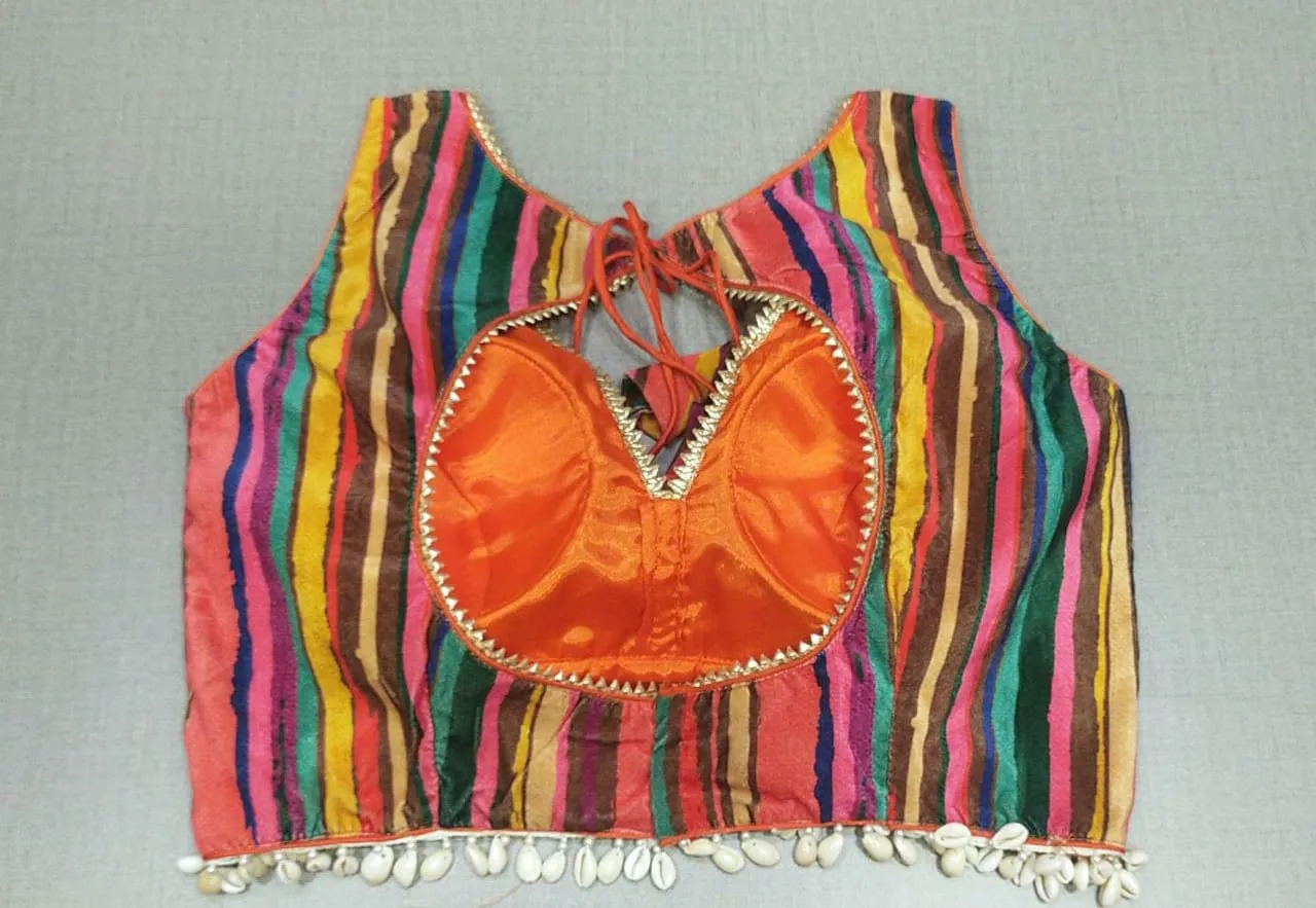 50X884-RO Multicolour Silk Designer Saree Blouse with Dori Ties and Jhallar
