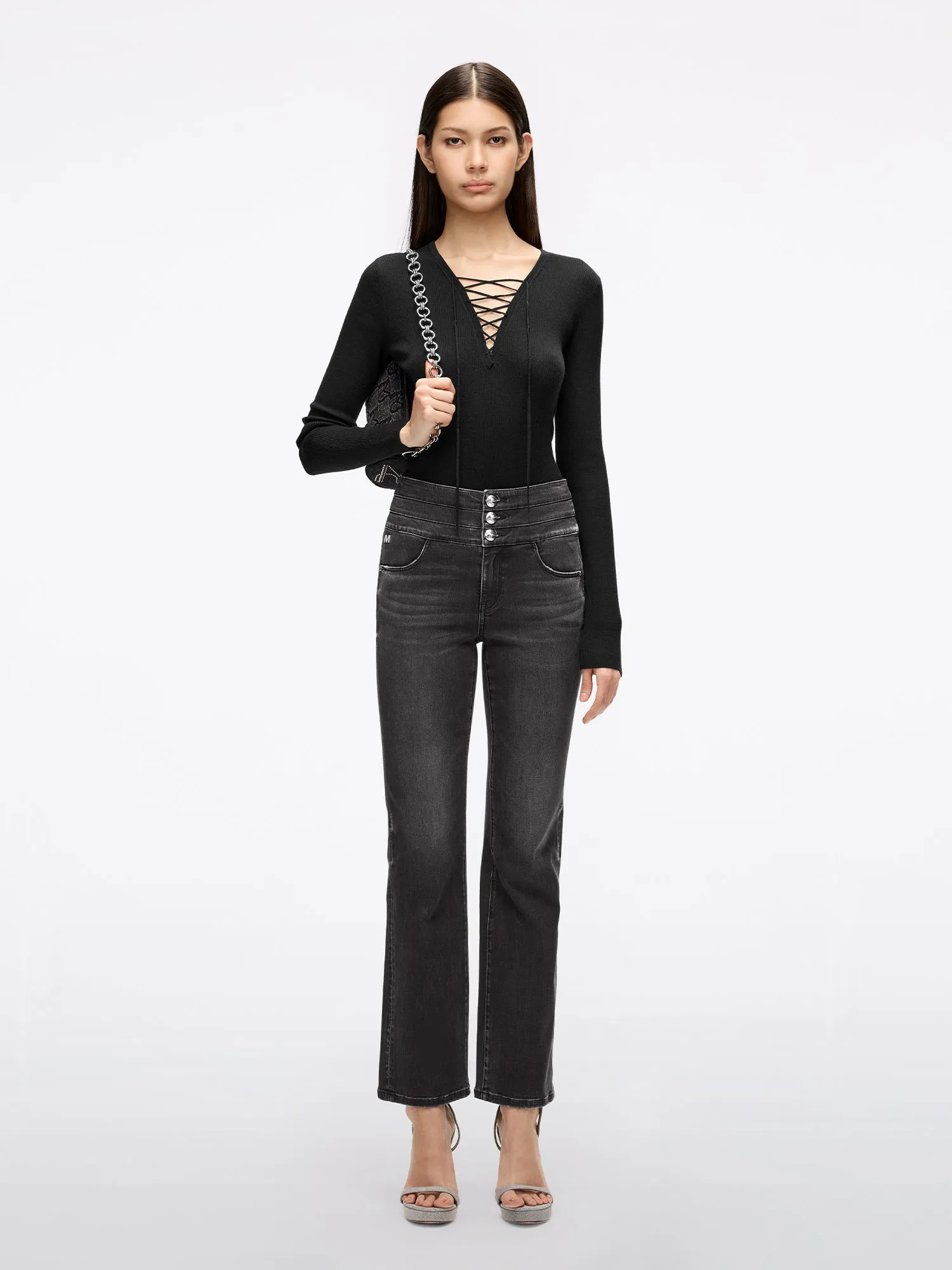 Acid Wash High Waisted Three Buttons Jeans