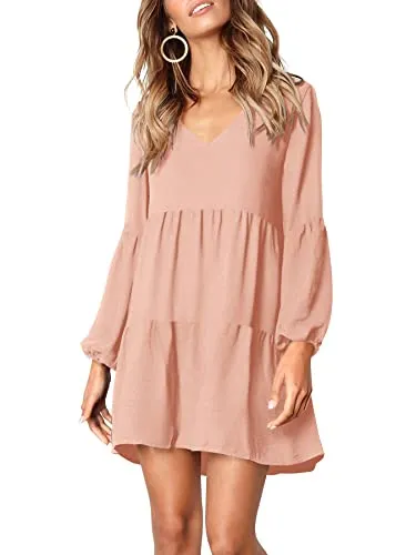 Amoretu Women V Neck Dresses 2023 Cute Trendy Long Sleeve Mini Shift Dress (Pink,XL)