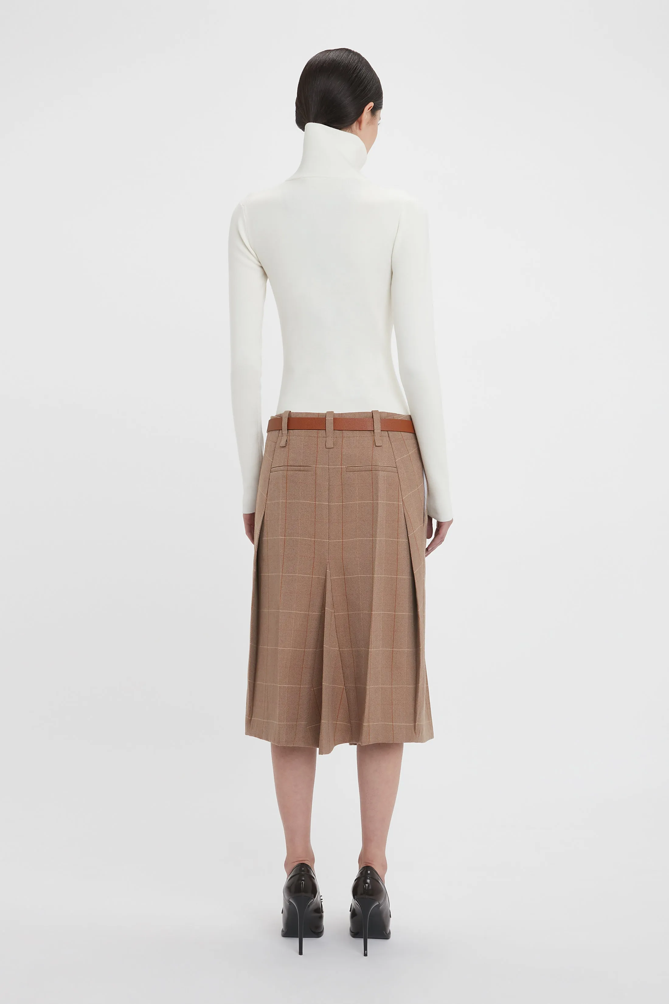 Asymmetric Tailored Skirt In Camel-Multi Check