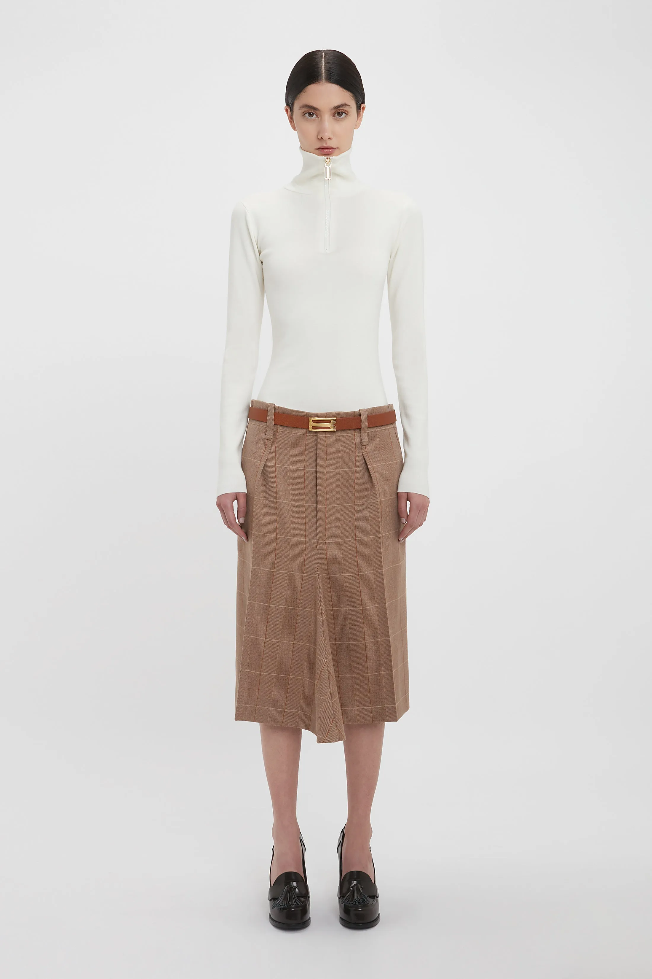 Asymmetric Tailored Skirt In Camel-Multi Check