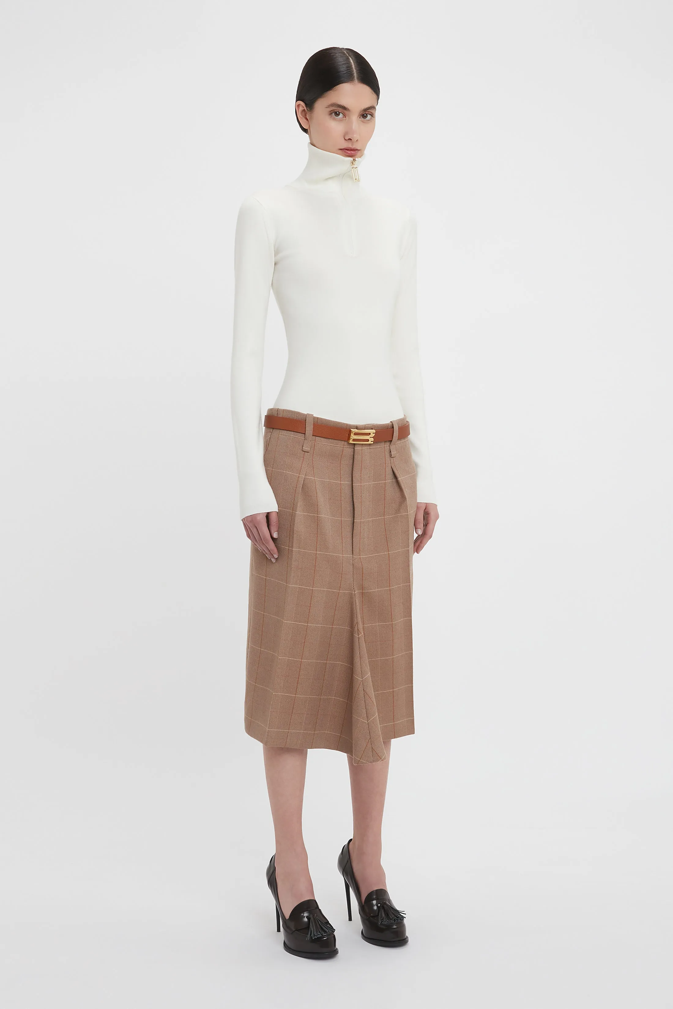 Asymmetric Tailored Skirt In Camel-Multi Check