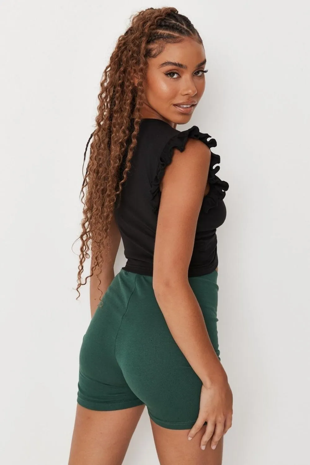 Black Ruffle Sleeve Ruched Top