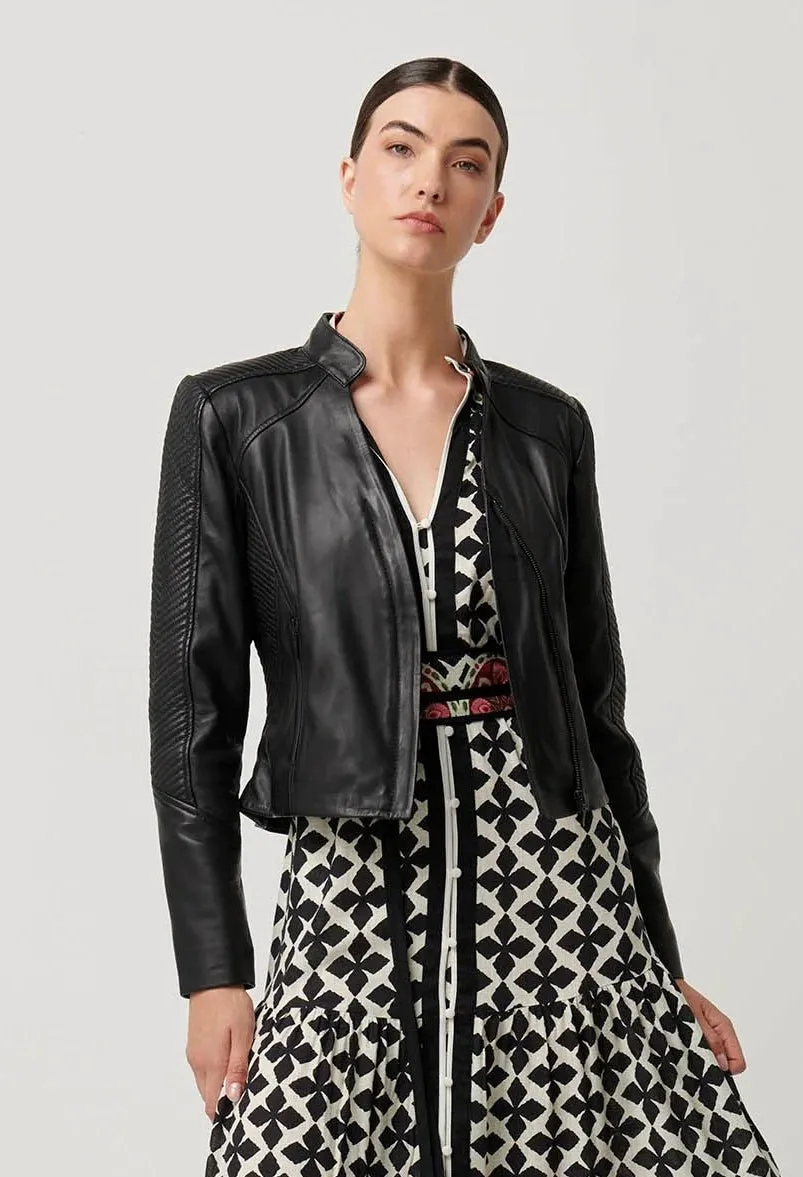 Blaire Leather Herringbone Stitch Jacket