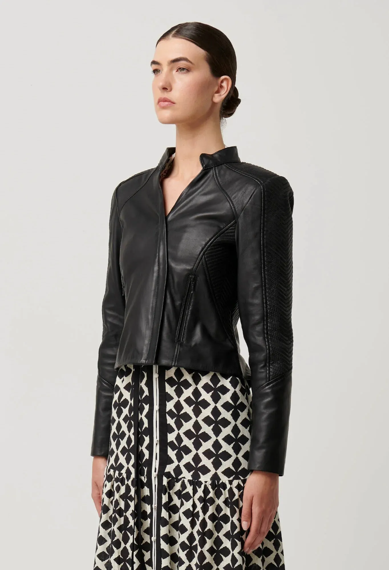 Blaire Leather Herringbone Stitch Jacket
