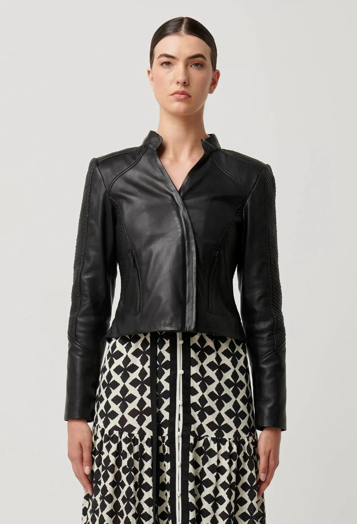 Blaire Leather Herringbone Stitch Jacket