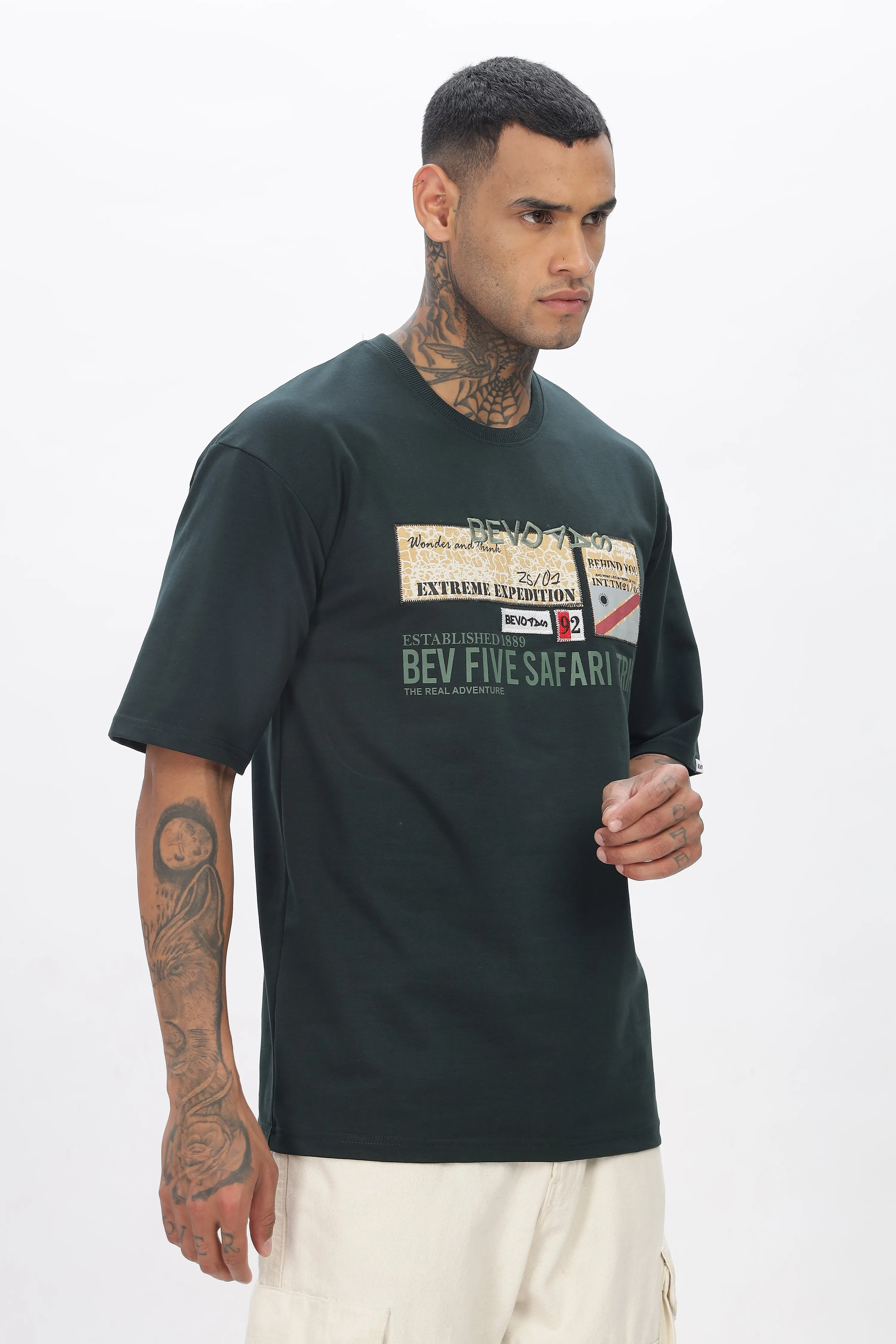 Bottle Green Drop Shoulder T Shirt For Men