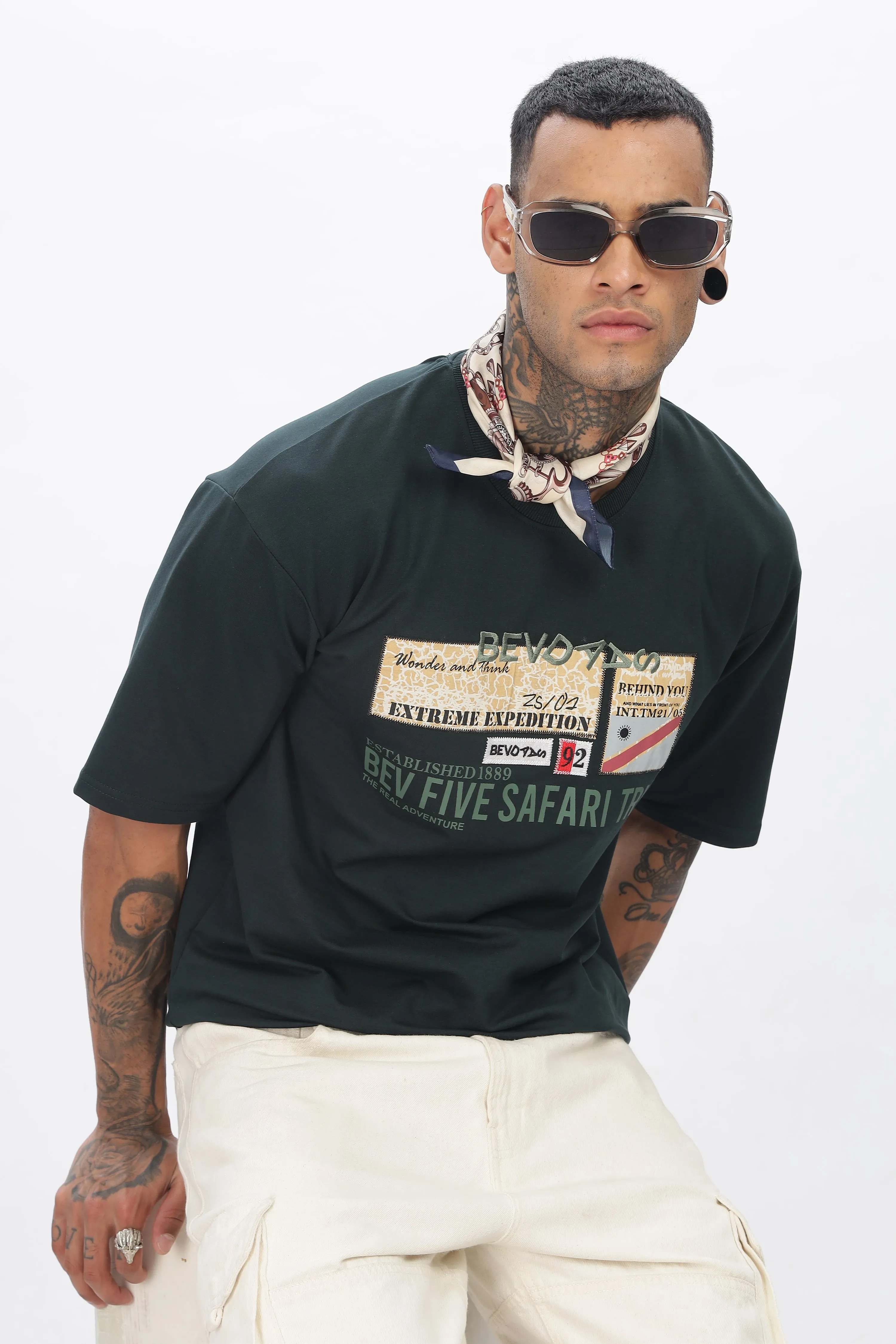 Bottle Green Drop Shoulder T Shirt For Men
