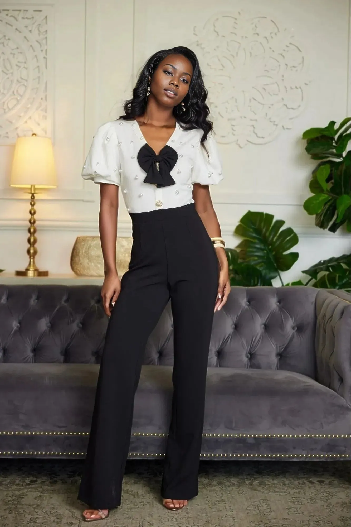 Bow and Pearl Black White Jumpsuit