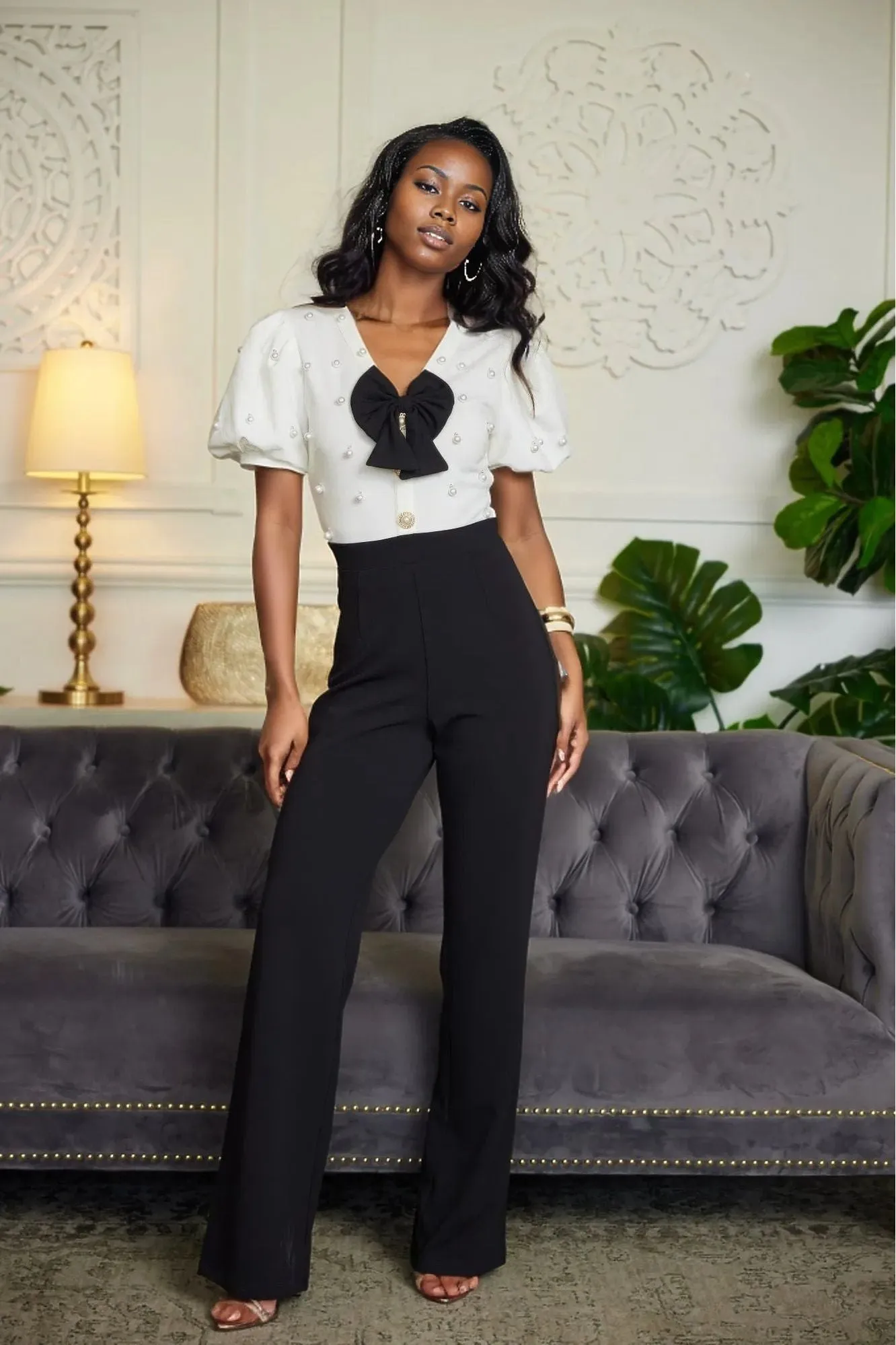 Bow and Pearl Black White Jumpsuit