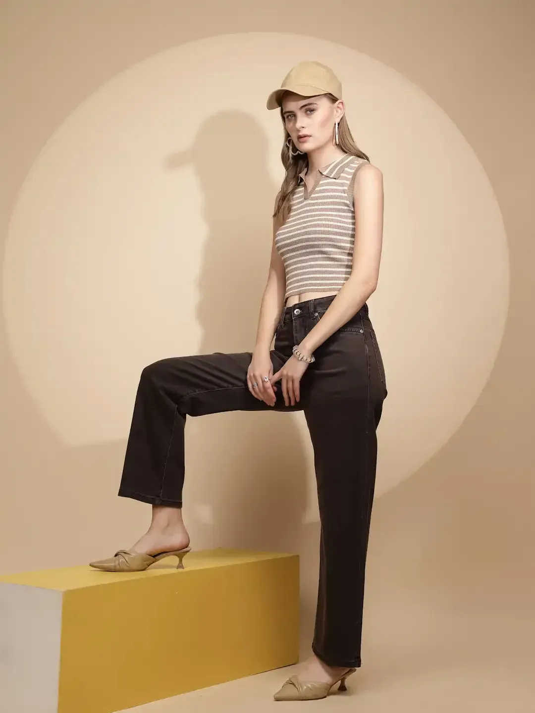 Brown Cotton Straight Relaxed Fit Jeans For Women