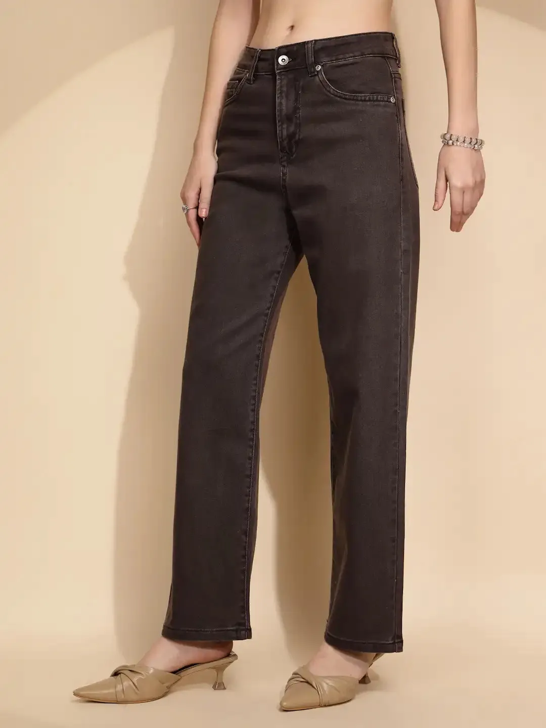 Brown Cotton Straight Relaxed Fit Jeans For Women