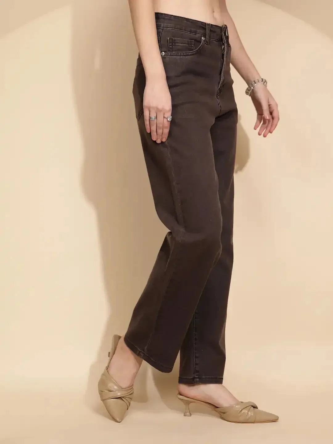 Brown Cotton Straight Relaxed Fit Jeans For Women