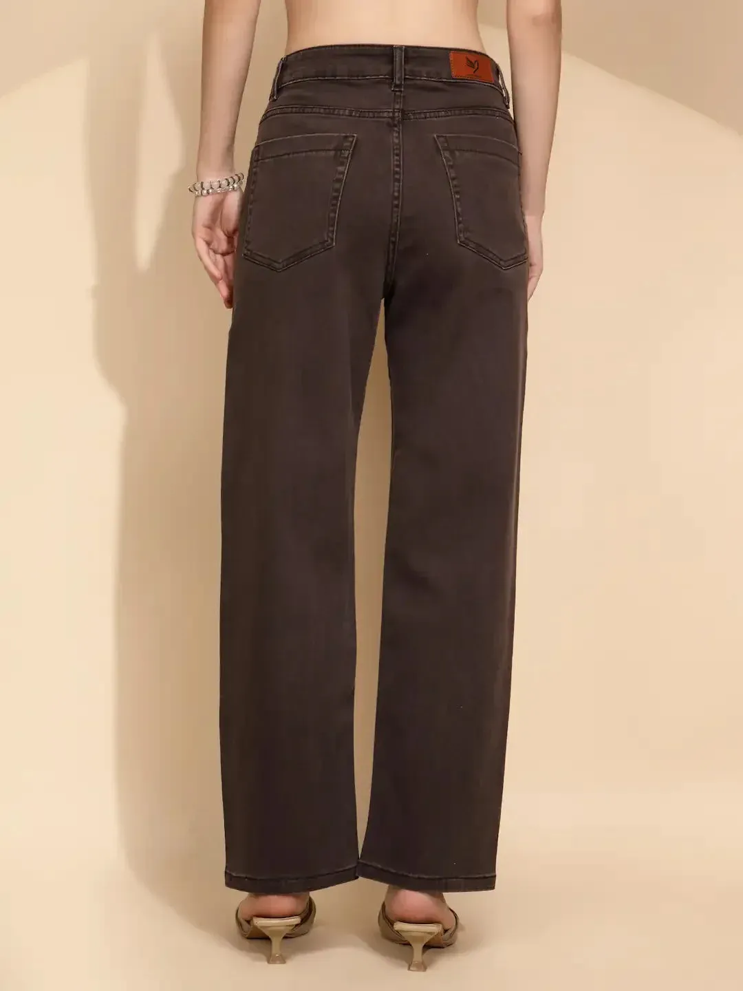 Brown Cotton Straight Relaxed Fit Jeans For Women