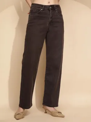 Brown Cotton Straight Relaxed Fit Jeans For Women