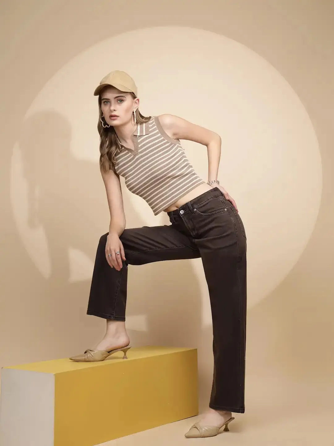 Brown Cotton Straight Relaxed Fit Jeans For Women