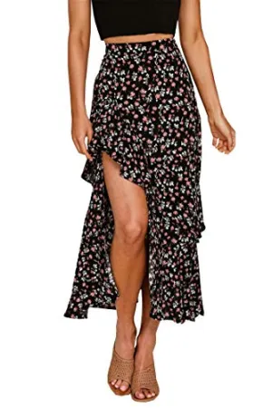 BTFBM Women Boho Floral Print Long Skirt Chic High Low Side Split Ruffle Hem Elastic Waist Swing Maxi Cotton Dress (Z-Black, Small)
