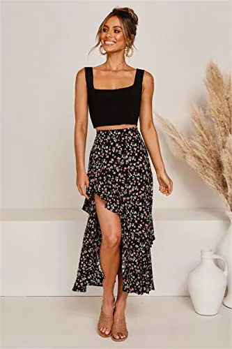 BTFBM Women Boho Floral Print Long Skirt Chic High Low Side Split Ruffle Hem Elastic Waist Swing Maxi Cotton Dress (Z-Black, Small)