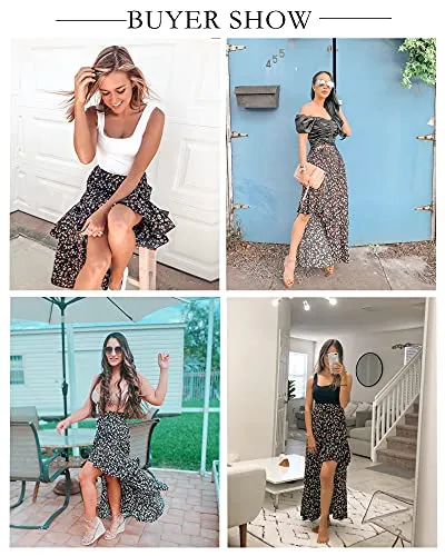 BTFBM Women Boho Floral Print Long Skirt Chic High Low Side Split Ruffle Hem Elastic Waist Swing Maxi Cotton Dress (Z-Black, Small)