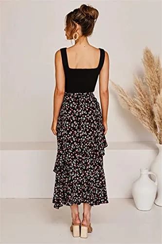 BTFBM Women Boho Floral Print Long Skirt Chic High Low Side Split Ruffle Hem Elastic Waist Swing Maxi Cotton Dress (Z-Black, Small)