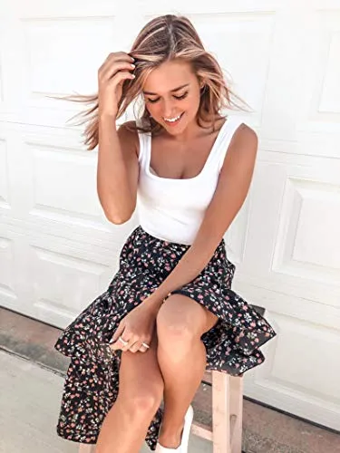 BTFBM Women Boho Floral Print Long Skirt Chic High Low Side Split Ruffle Hem Elastic Waist Swing Maxi Cotton Dress (Z-Black, Small)