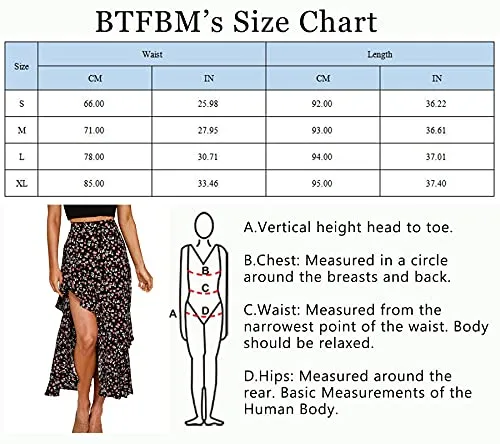 BTFBM Women Boho Floral Print Long Skirt Chic High Low Side Split Ruffle Hem Elastic Waist Swing Maxi Cotton Dress (Z-Black, Small)