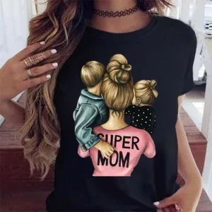 Cartoon Family Happy Time Mama T-Shirt – Women Short Sleeve Graphic Print Tee, Mom Mother Design, Black Casual Top