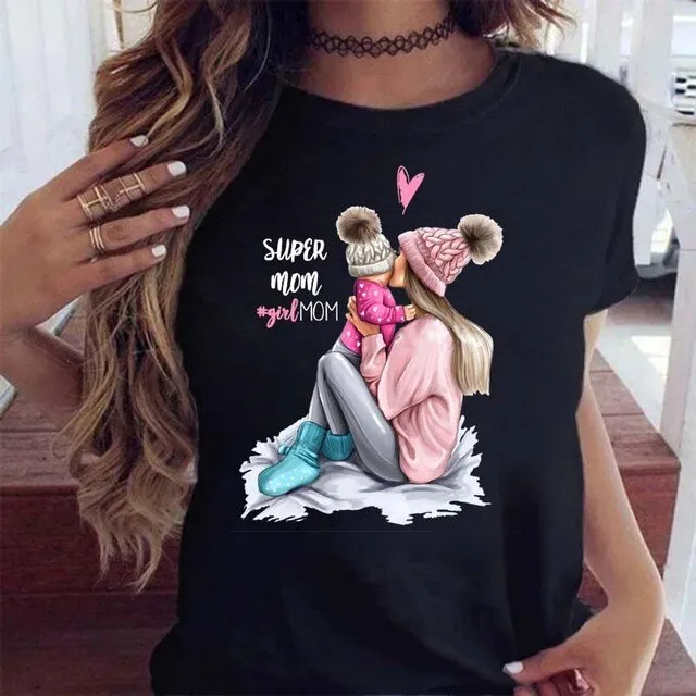 Cartoon Family Happy Time Mama T-Shirt – Women Short Sleeve Graphic Print Tee, Mom Mother Design, Black Casual Top