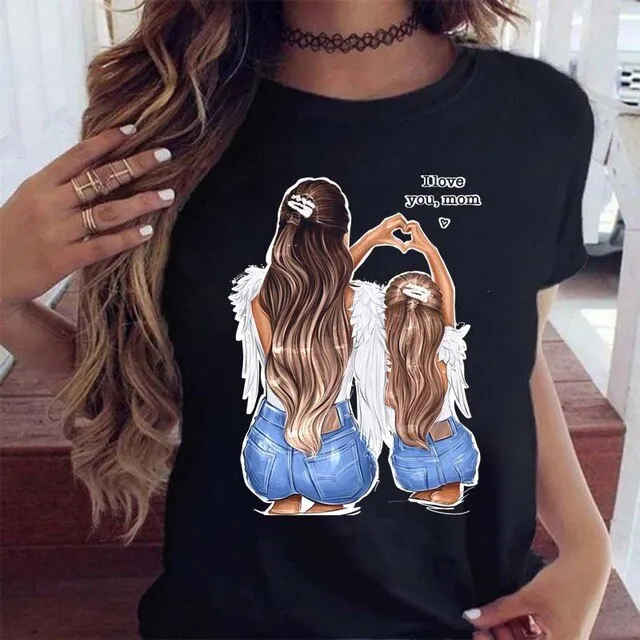 Cartoon Family Happy Time Mama T-Shirt – Women Short Sleeve Graphic Print Tee, Mom Mother Design, Black Casual Top