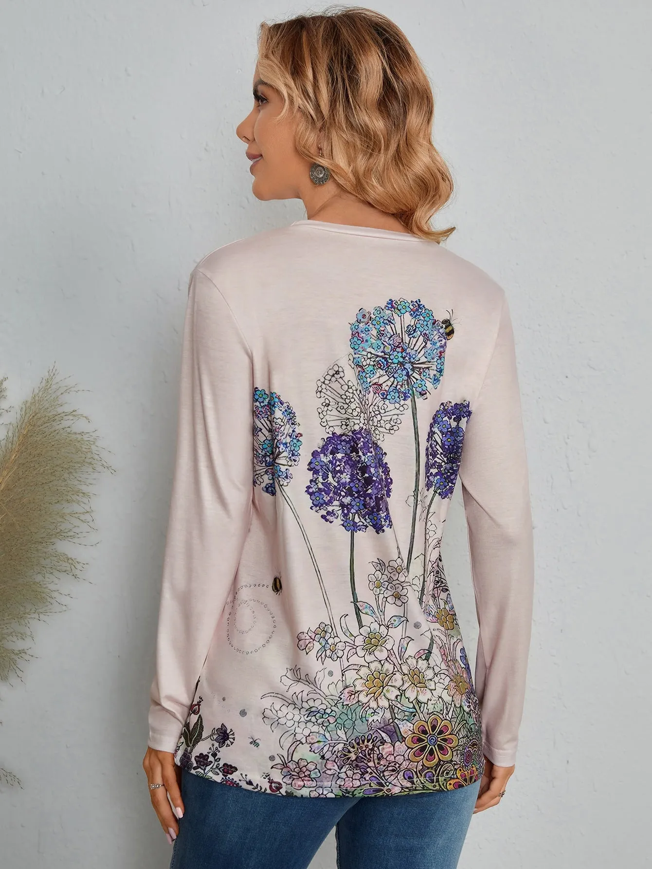 Casual Floral Long Sleeve Round Neck Regular Women T-Shirt