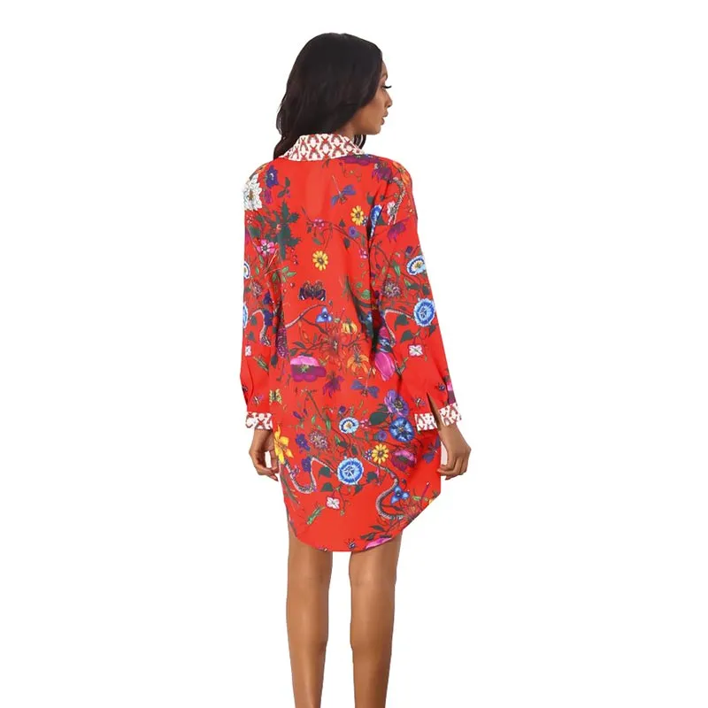 Casual Turndown Collar Printed Blend Mini Shirt Dress
