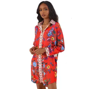 Casual Turndown Collar Printed Blend Mini Shirt Dress