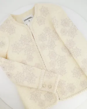 Chanel 15a Paris-salzburg Cream Tweed Jacket With Sequin Embellished Edelweiss And Pearl Buttons Size Fr 36 (uk 8)