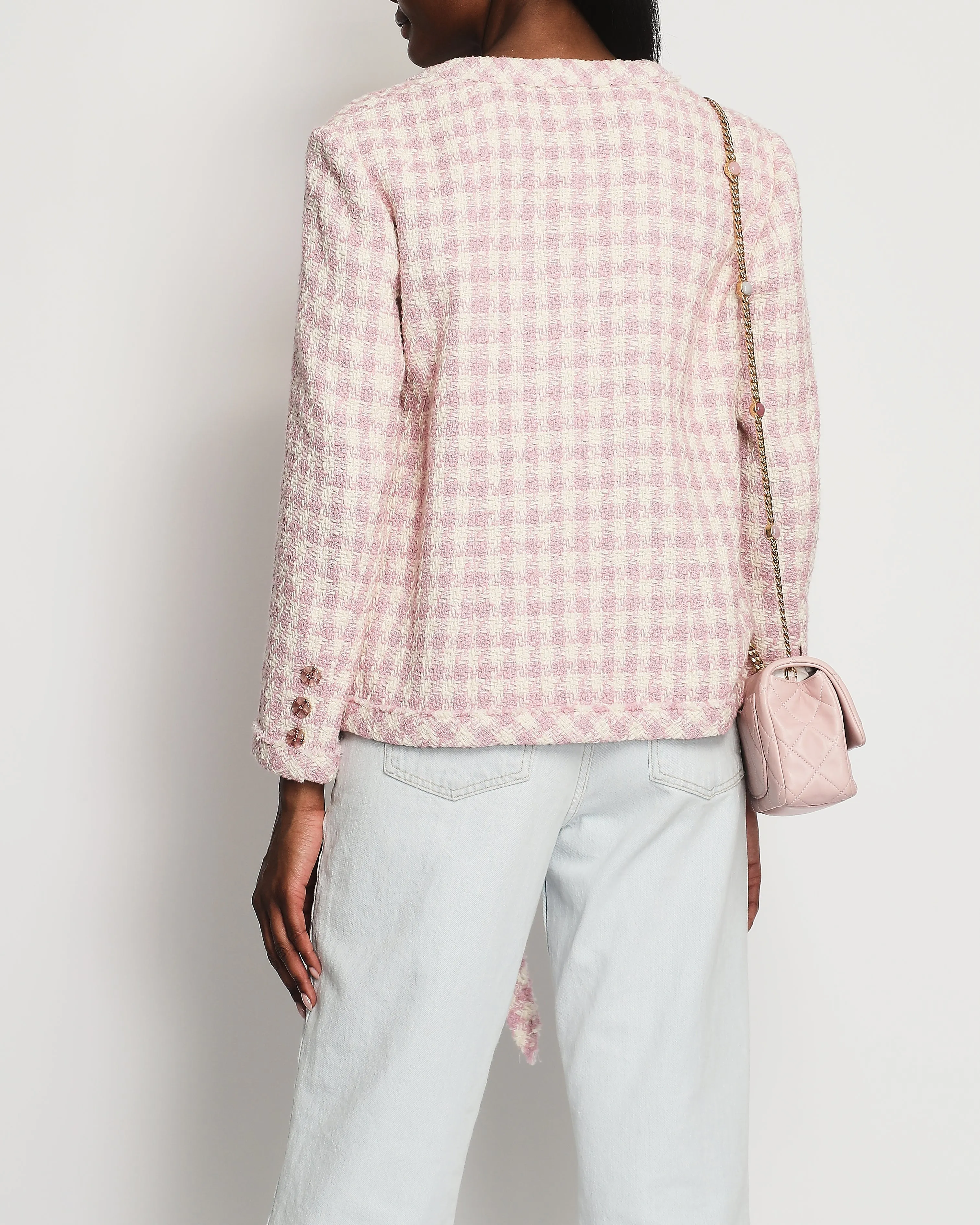 Chanel Cream And Pink Houndstooth Tweed Jacket With Tie Waist Size Fr 40 (uk 12)