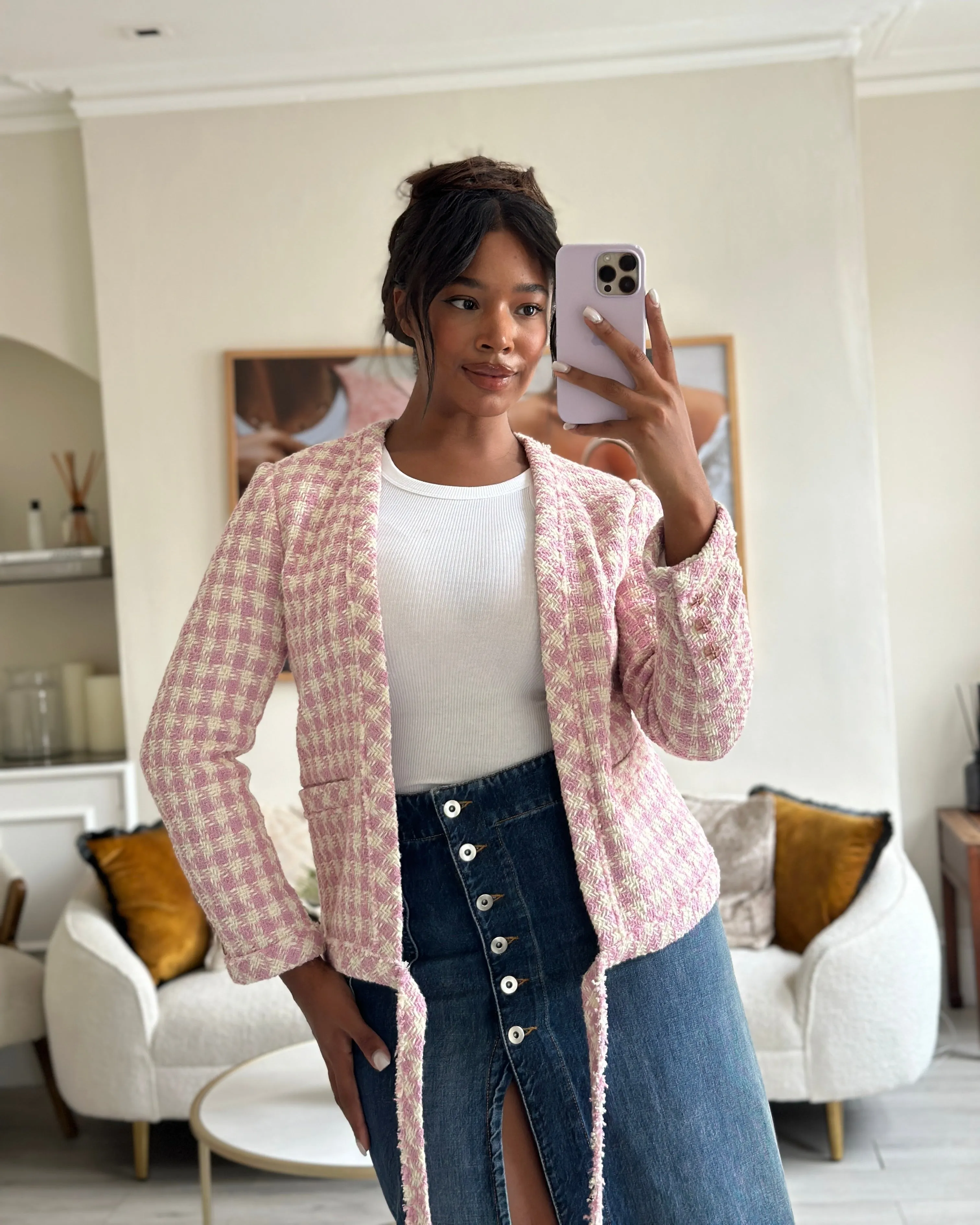 Chanel Cream And Pink Houndstooth Tweed Jacket With Tie Waist Size Fr 40 (uk 12)