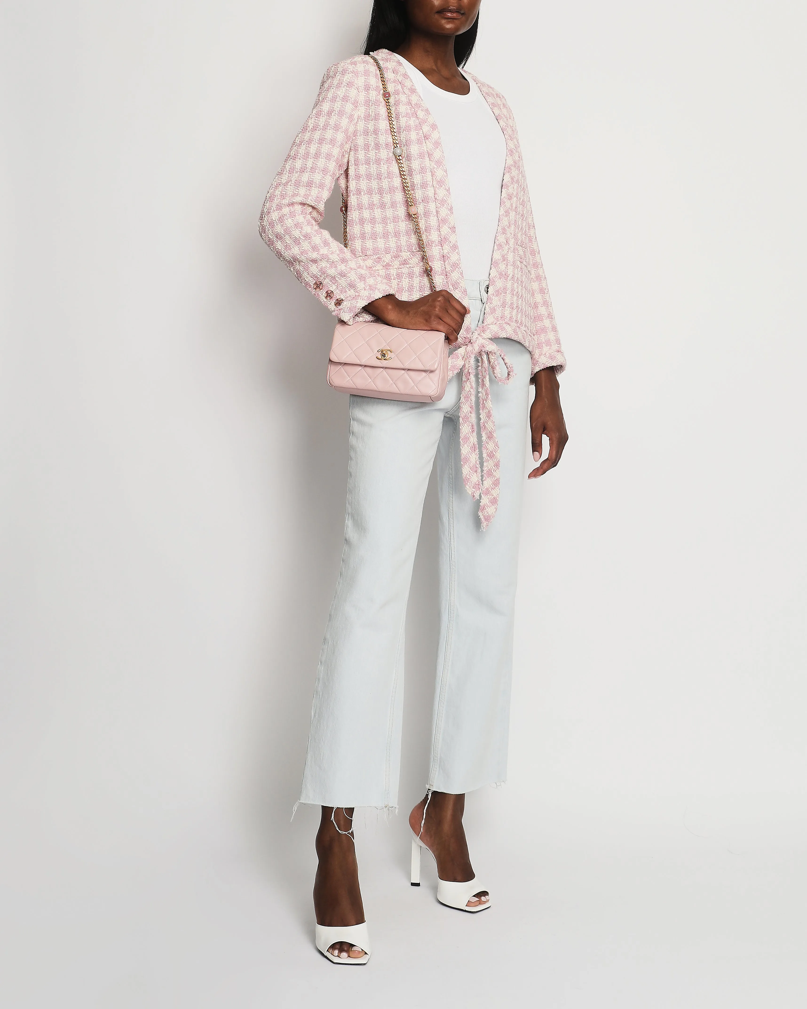 Chanel Cream And Pink Houndstooth Tweed Jacket With Tie Waist Size Fr 40 (uk 12)