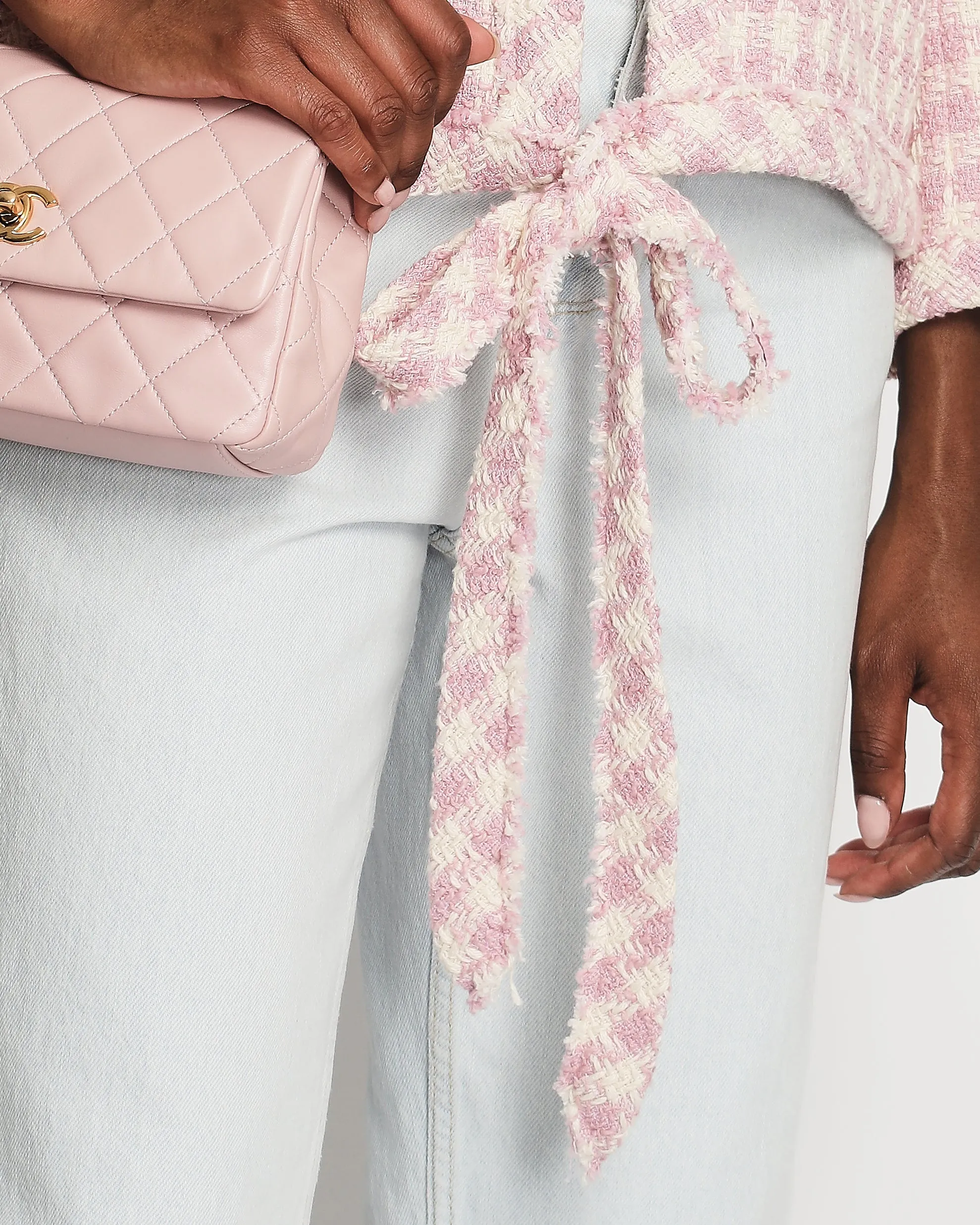 Chanel Cream And Pink Houndstooth Tweed Jacket With Tie Waist Size Fr 40 (uk 12)