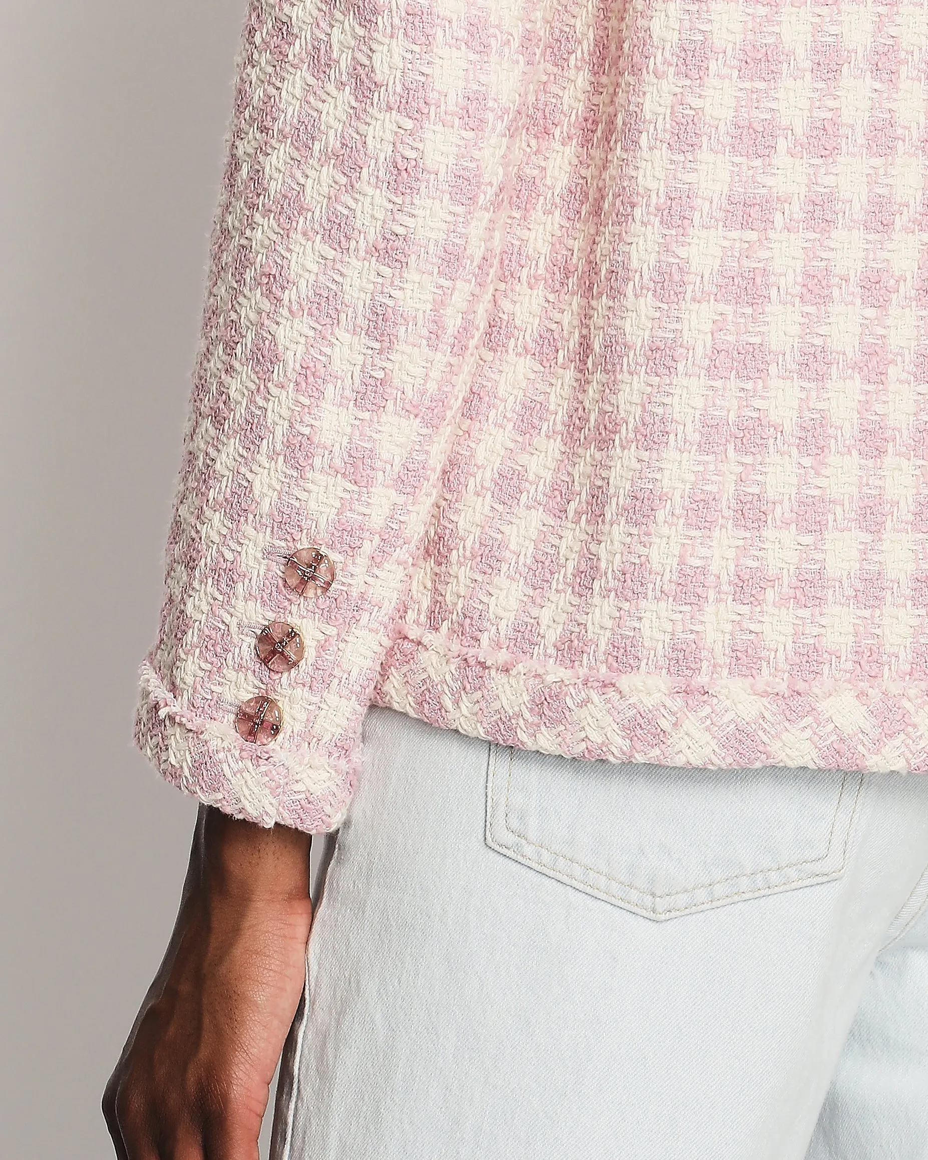 Chanel Cream And Pink Houndstooth Tweed Jacket With Tie Waist Size Fr 40 (uk 12)