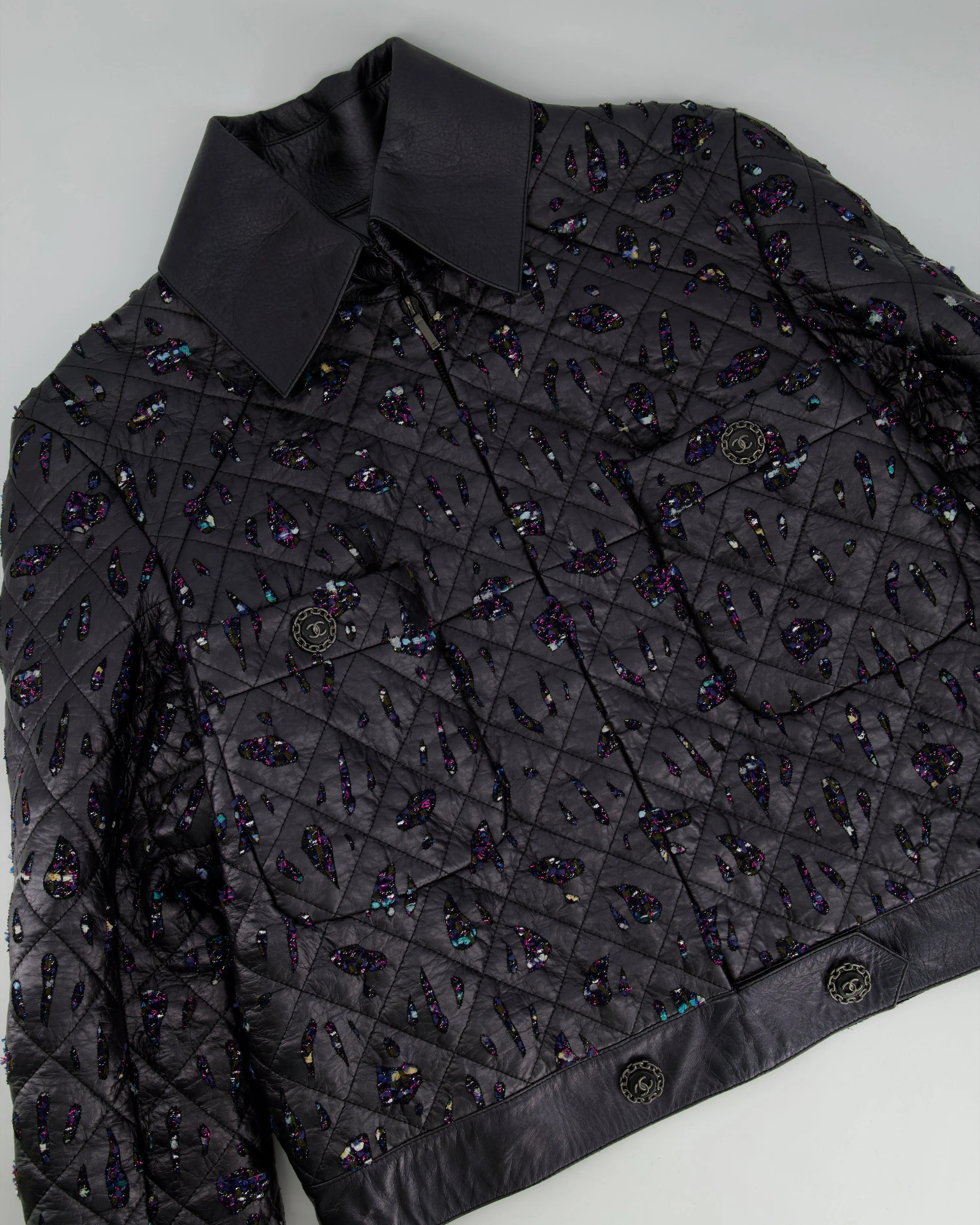 Chanel Navy Quilted With Tweed Embellishment Detail Leather Jacket Fr 42 (uk 14)
