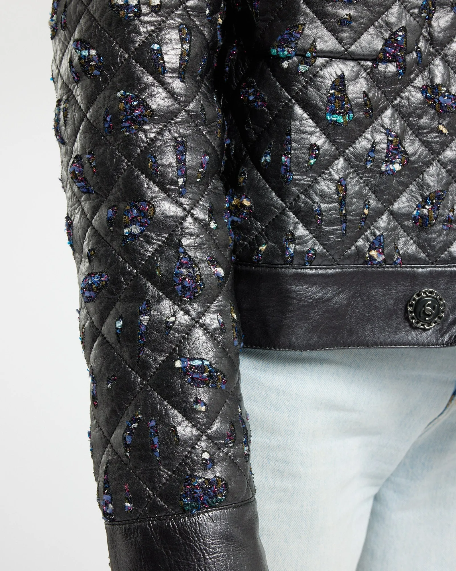 Chanel Navy Quilted With Tweed Embellishment Detail Leather Jacket Fr 42 (uk 14)
