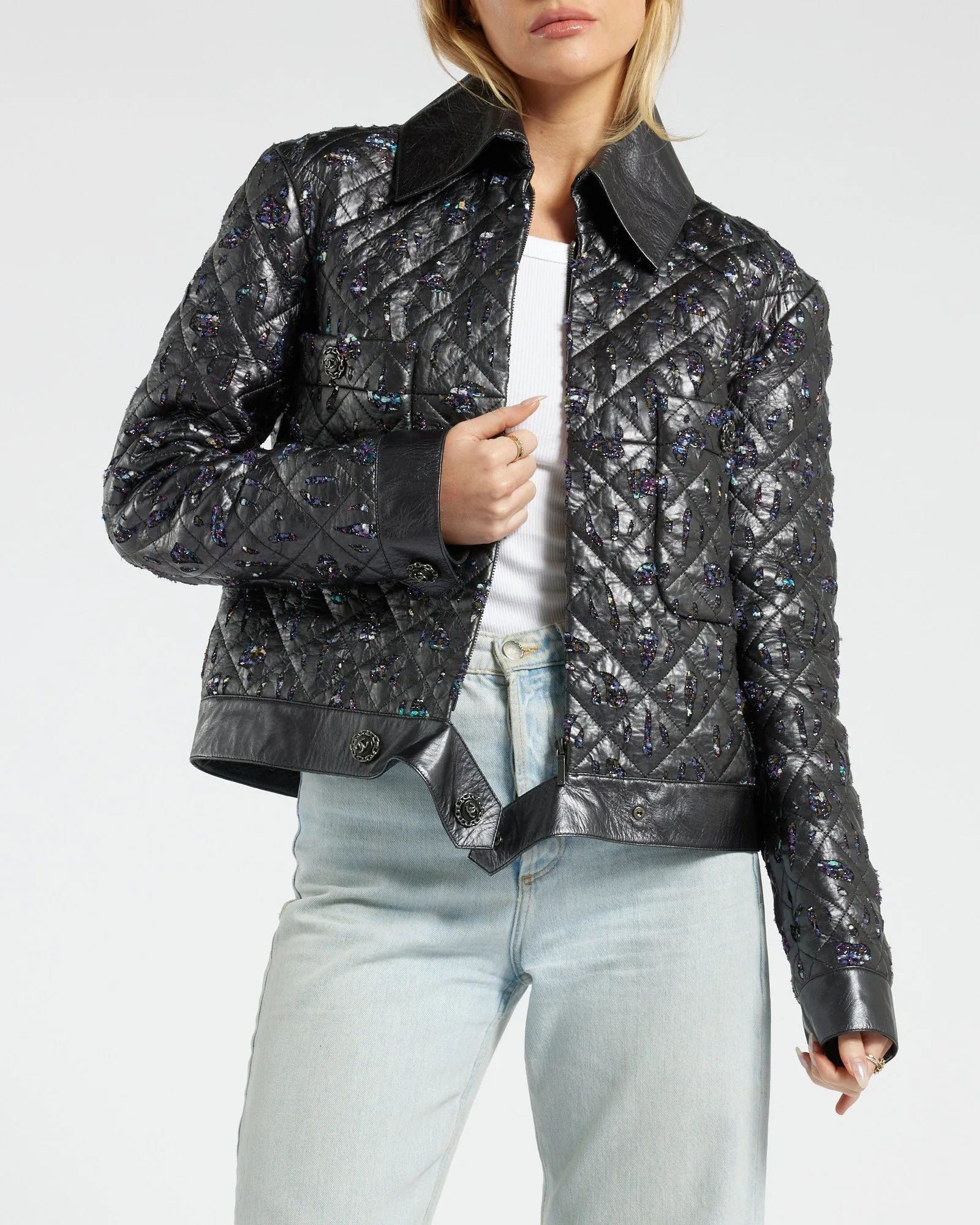 Chanel Navy Quilted With Tweed Embellishment Detail Leather Jacket Fr 42 (uk 14)