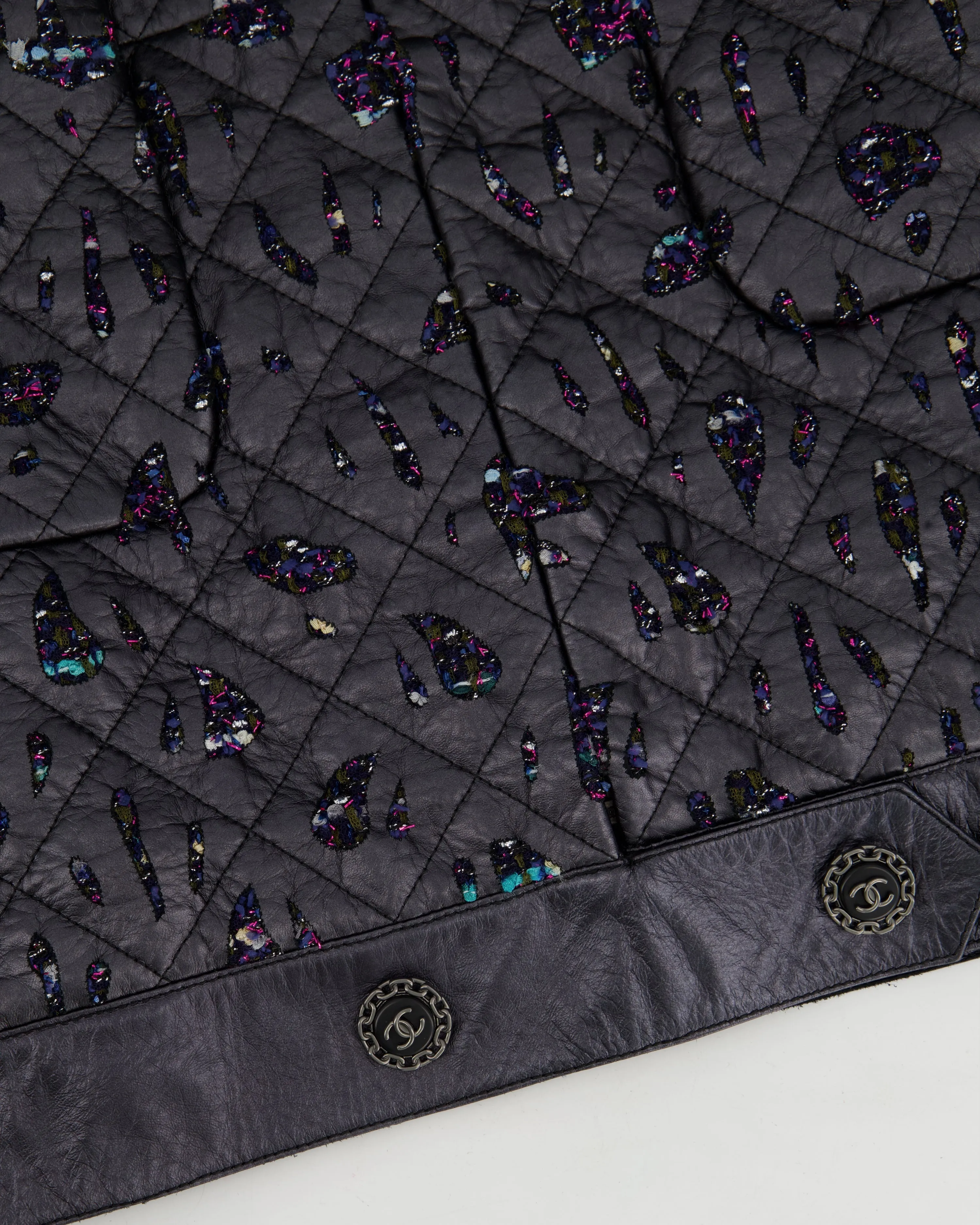 Chanel Navy Quilted With Tweed Embellishment Detail Leather Jacket Fr 42 (uk 14)