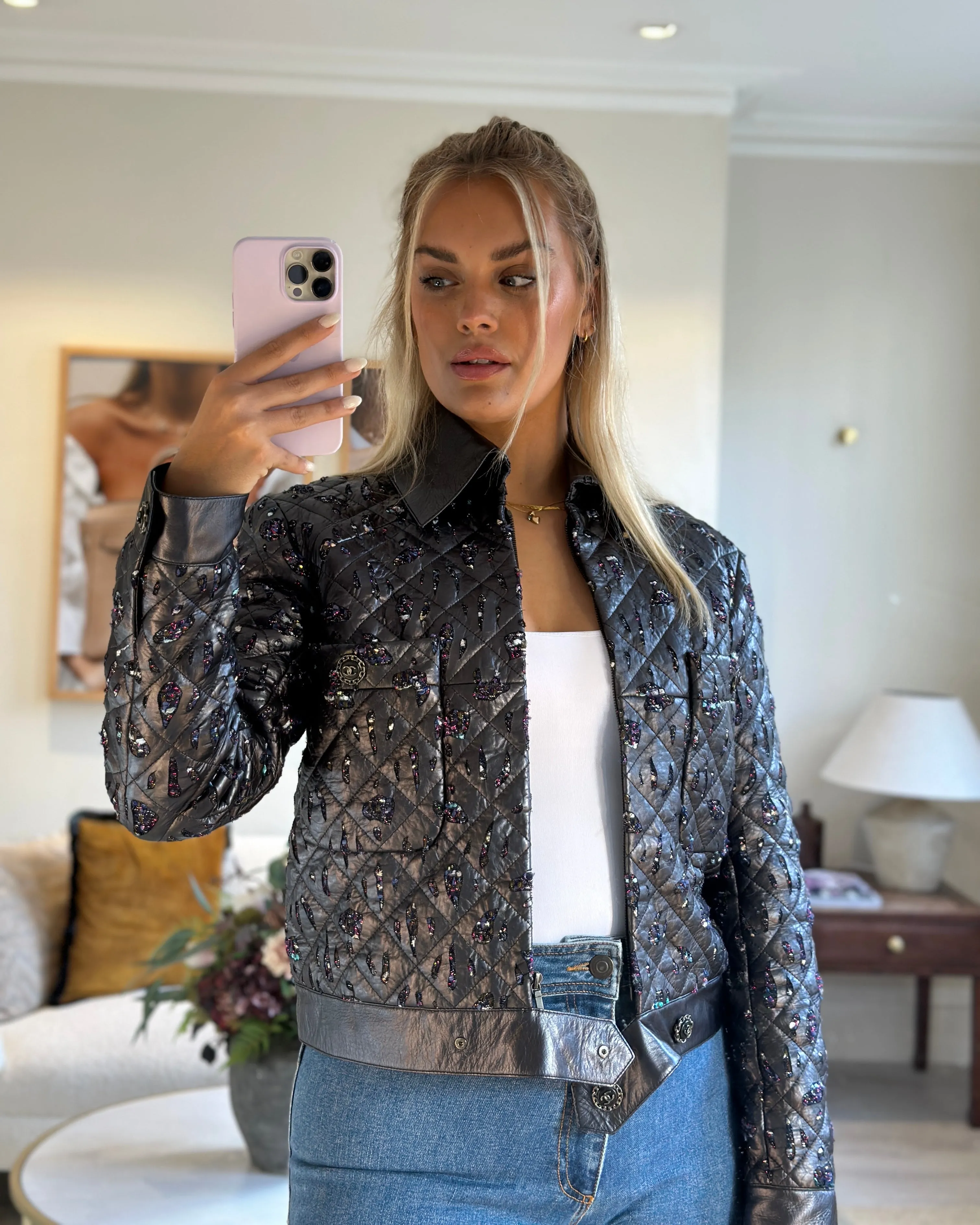 Chanel Navy Quilted With Tweed Embellishment Detail Leather Jacket Fr 42 (uk 14)