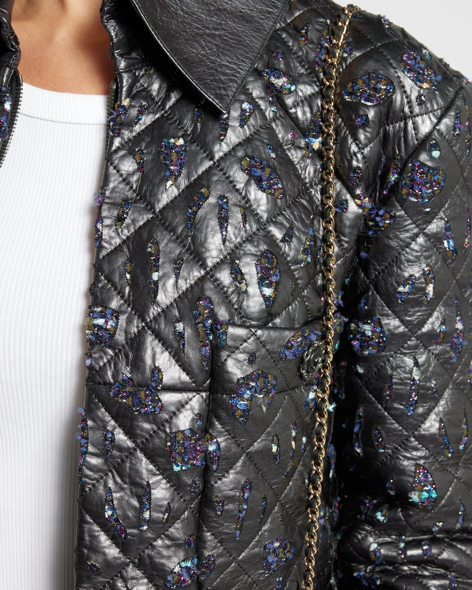 Chanel Navy Quilted With Tweed Embellishment Detail Leather Jacket Fr 42 (uk 14)