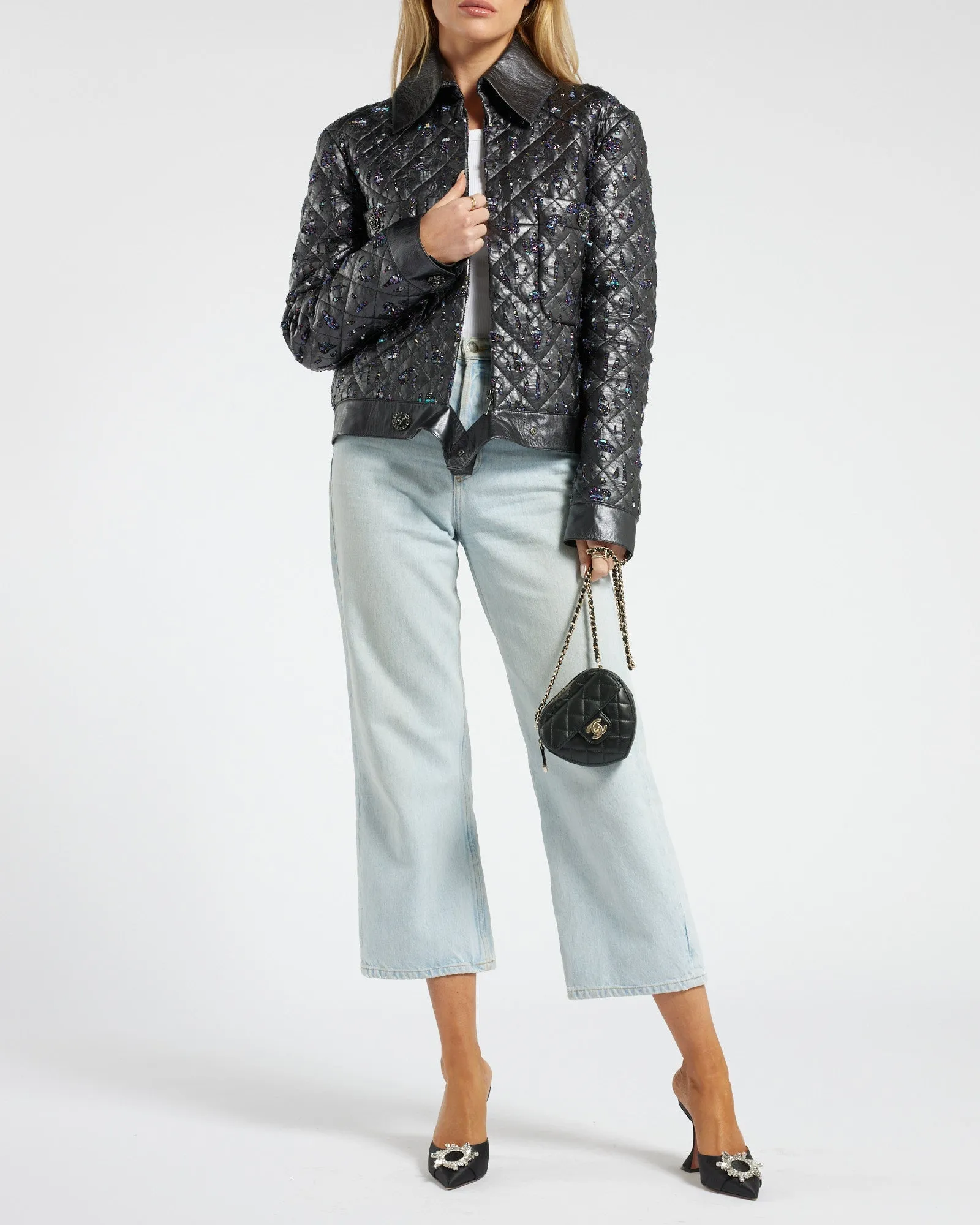 Chanel Navy Quilted With Tweed Embellishment Detail Leather Jacket Fr 42 (uk 14)